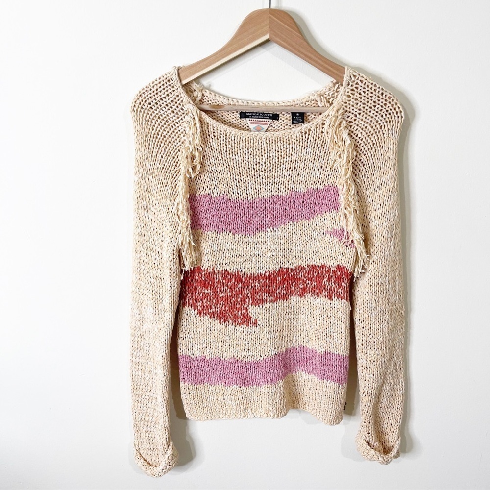 Maison Scotch Beige Aztec Fringed Open Knit Folky Jumper Sweater Size XS NWOT - Picture 2 of 8